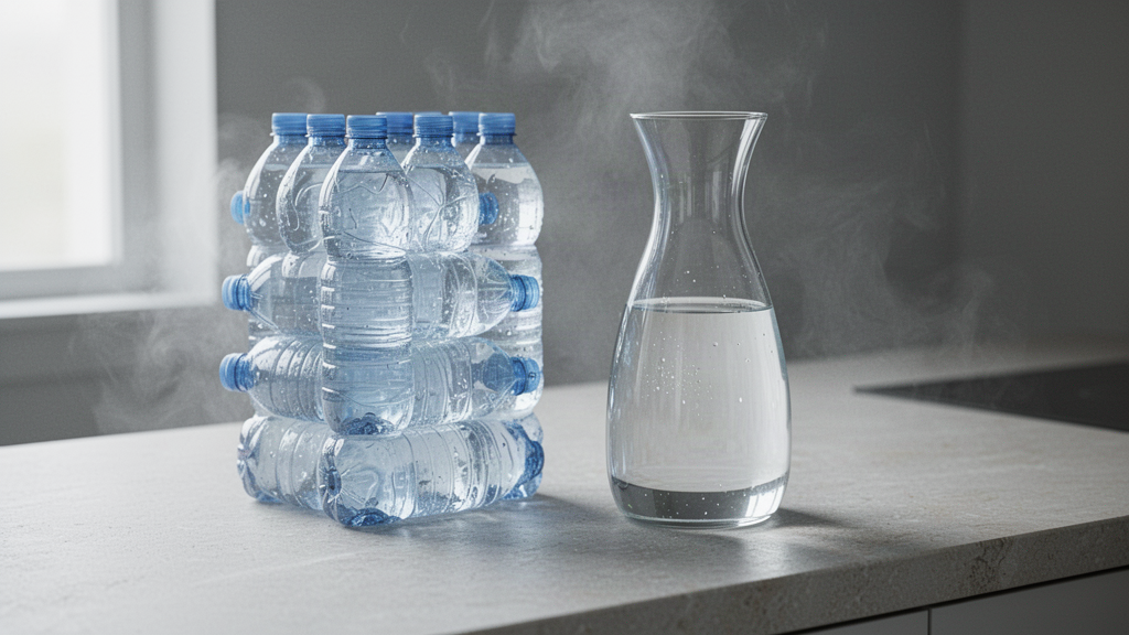 Bouteilles en plastique à côté d'une carafe d'eau filtrée