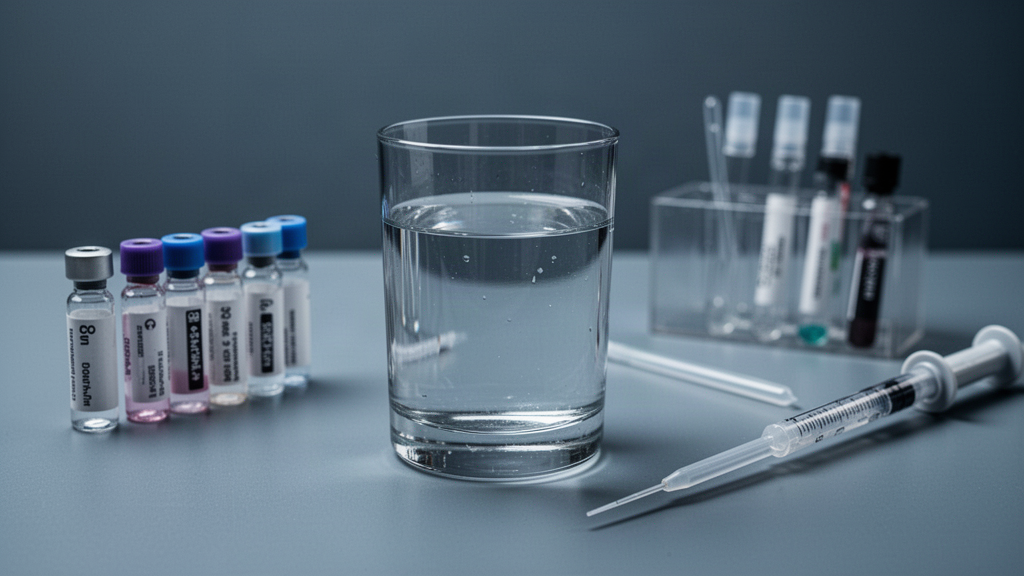 Verre d'eau et flacons d'analyse sur une paillasse de laboratoire