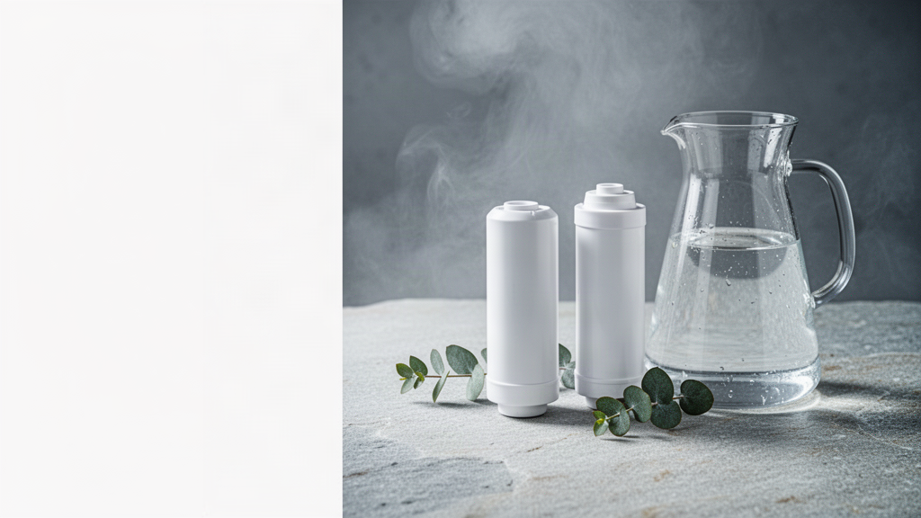 Cartouches filtrantes et carafe d'eau pure sur un plan en pierre