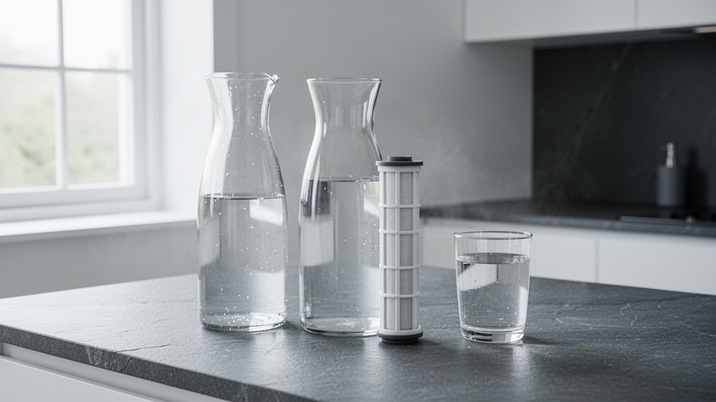 Carafe d'eau filtrée et cartouche filtrante sur un plan de travail