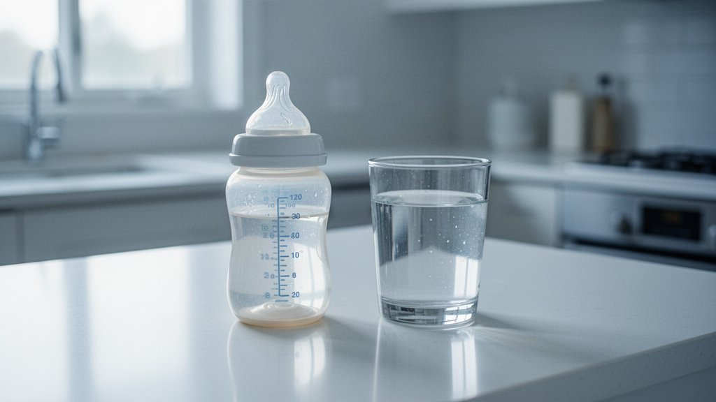 Biberon et verre d'eau sur un plan de travail